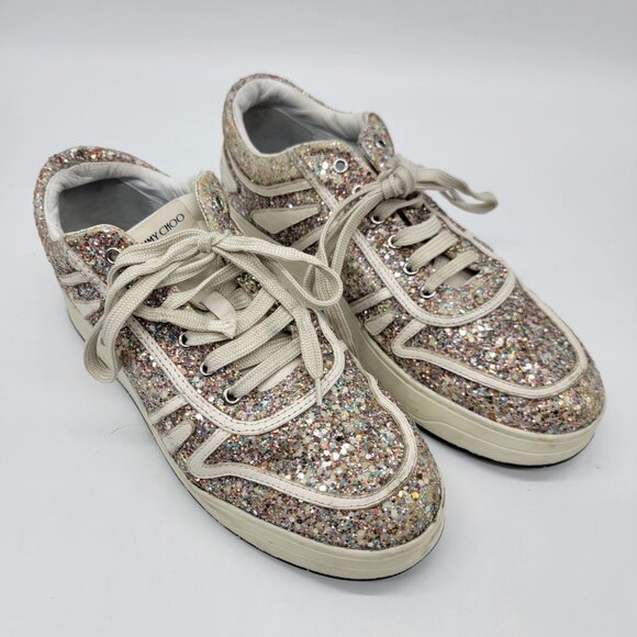 Jimmy Choo Hawaii Glitter Leather Sneakers Mochi Latte Sz 42 US 9 - Picture 1 of 9